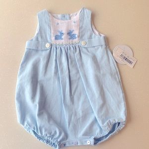NWT Edgehill Linen Baby Blue Bunny Bubble Romper with Smocking Size 3-6 Months